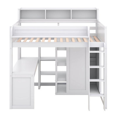 Wood Twin Size Loft Bed With Multiple Storage Shelves And Wardrobe
