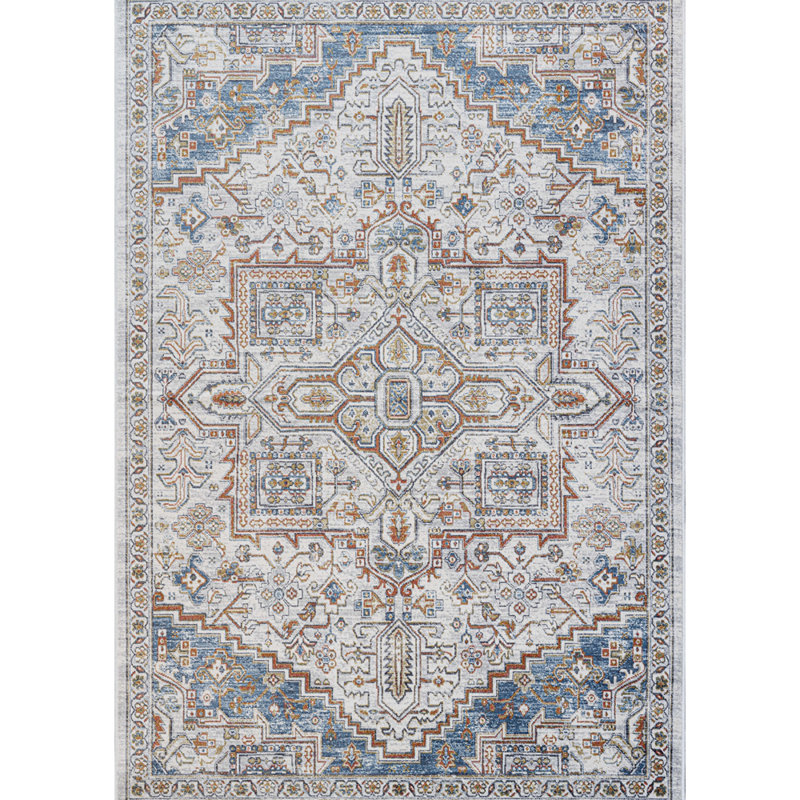 Tapis en viscose bleu, ivoire et beige Eden, Rectangle 9 pi 2 po x 12 pi 5 po