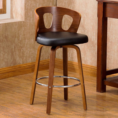 Wood And Black Faux Leather Upholstered Mid-Century Modern Style Swivel Function Barstool With Decorative Back 26-Inch Seat Height