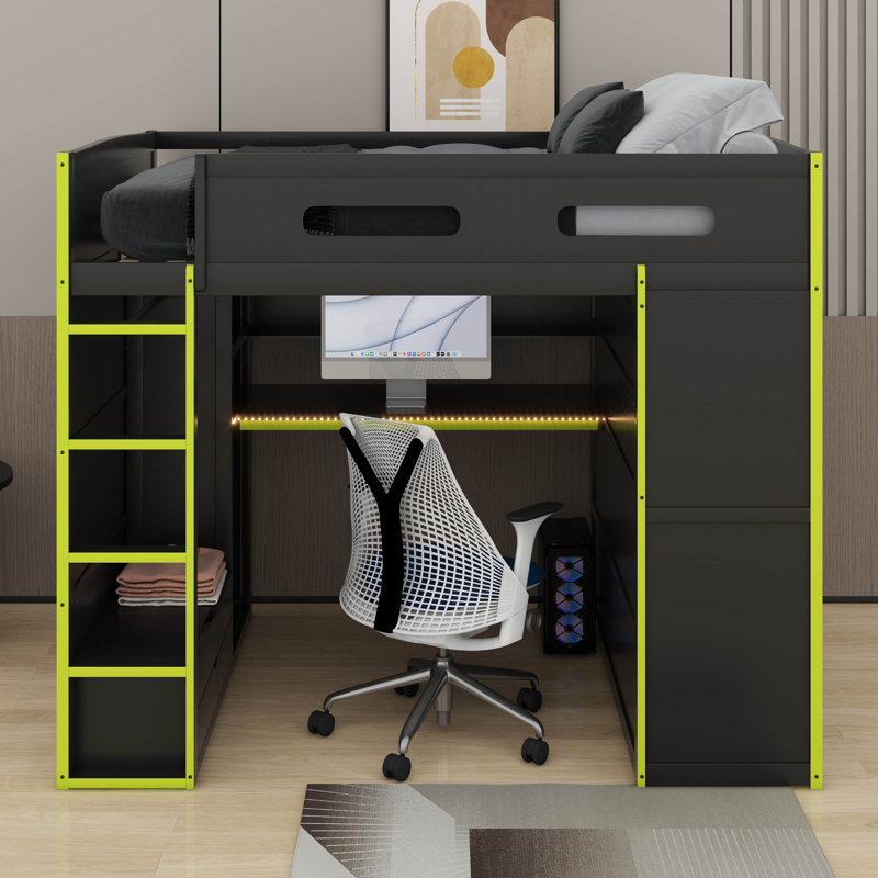 Lit mezzanine double en bois avec bureau, garde-robe et lumière DEL, Vert