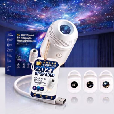 2027 New Hd Smart Dynamic 5d Holographic Night Light Projector, Plug and Play Hd Star Projector, 360° Adjustable Hd Galaxy and Ocean Projector for Bedroom Ceiling (3 Projection Films)