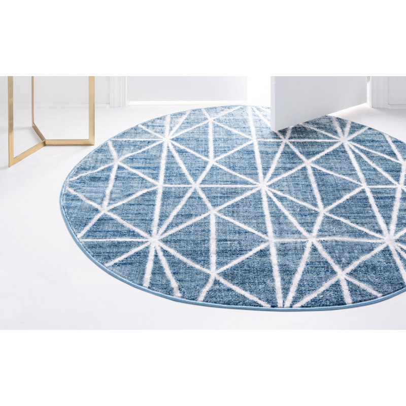 Tapis géométrique bleu / gris Jantsen, Rond 5 pi 1 po