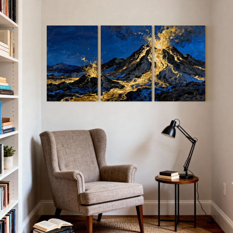 Abstrait bleu doré, montagne, reflet ciel, ensemble de 3 impressions sur toile, H 18 po x l 36 po