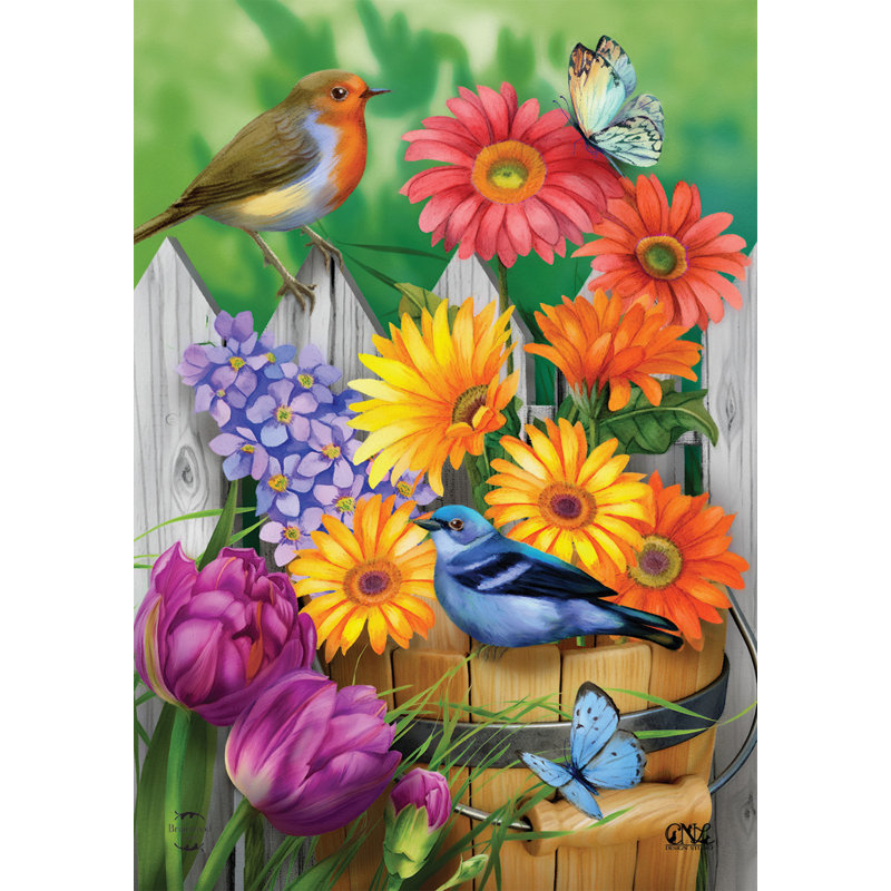 Drapeau de jardin oiseaux et fleurs