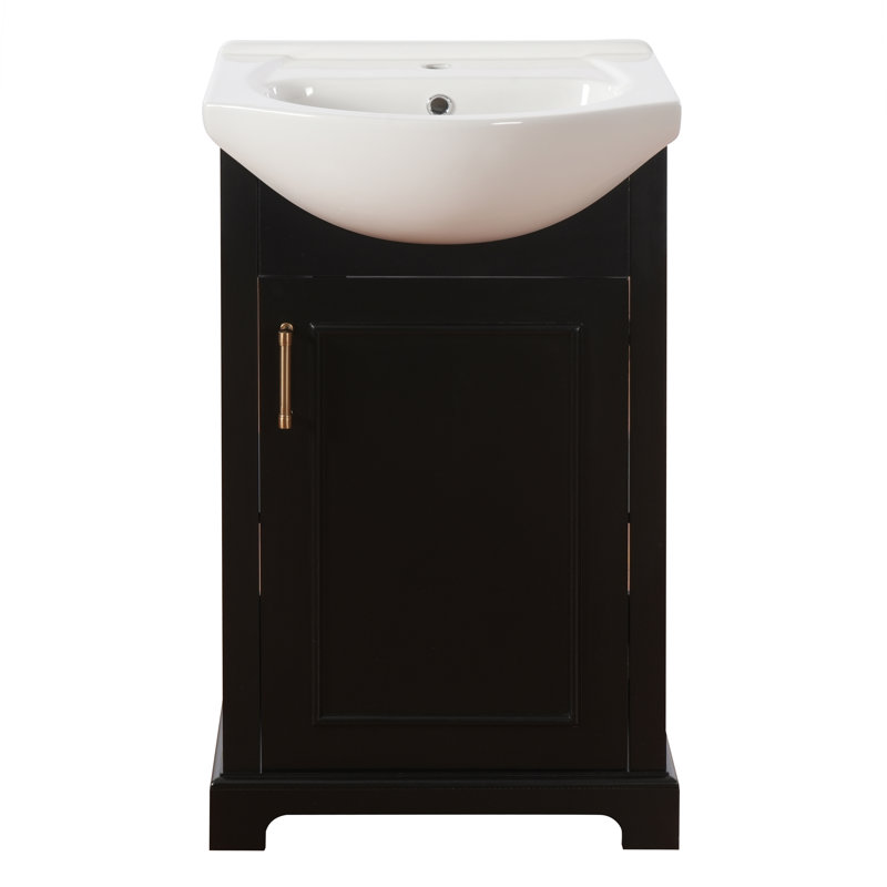 Meuble-lavabo sur pied à un lavabo, 50 cm (20 pouces), lavabo en céramique blanche brillante, porte à charnières à fermeture douce, meuble en MDF massif, noir, idéal pour les petites salles de bain.