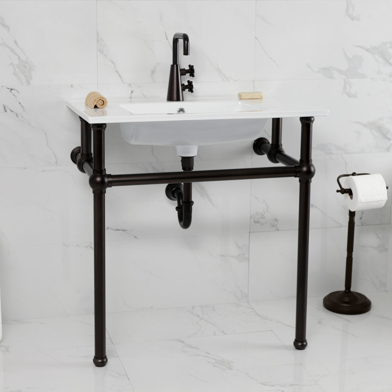 Kingston Brass Templeton 31-Inch Ceramic Console Sink with Brass Legs (1-Hole), White/Oil Rubbed Bronze
