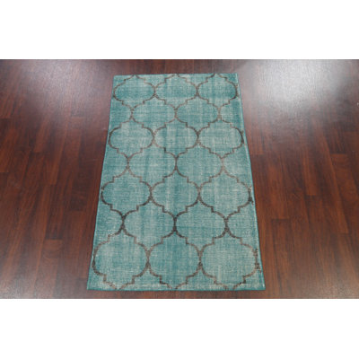 Tapis vert en laine noué à la main de conception unique 3 pi 6 po x 5 pi 9 po