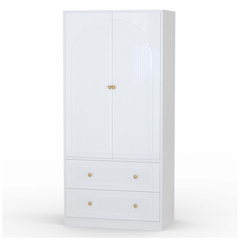 Armoire-penderie Armoire, rangement en tissu en bois avec 2 tiroirs de rangement et tiges de suspension amovibles, blanc