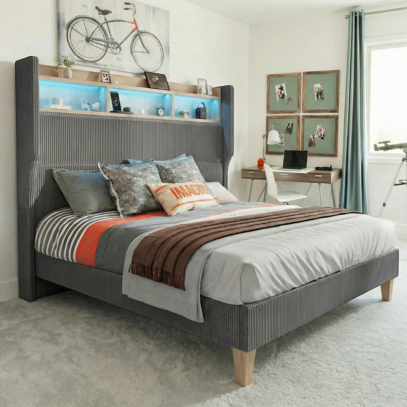 Upholstered Platform Bed Frame with 130CM Tall Headboard, LED Lights & Charging Station, Corduroy Upholstered Platform Bed with Storage Shelf, No Box Spring Needed