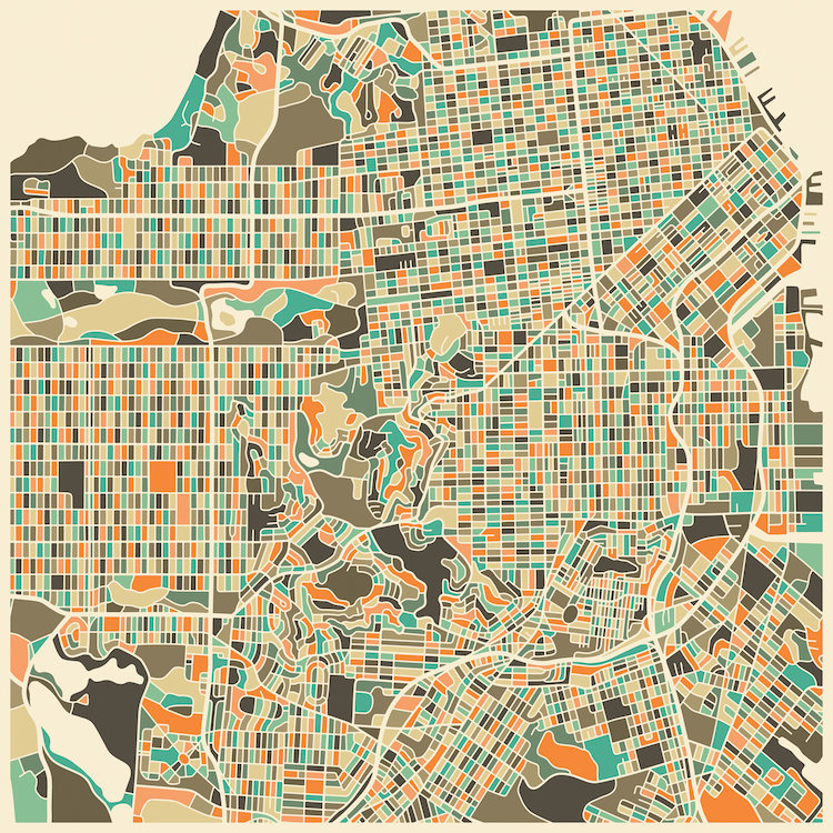 « abstract city map of san francisco », impression sur toile tendue, H 26 po x l 26 po x P 1,5 po, Toile tendue, Pas de tapis