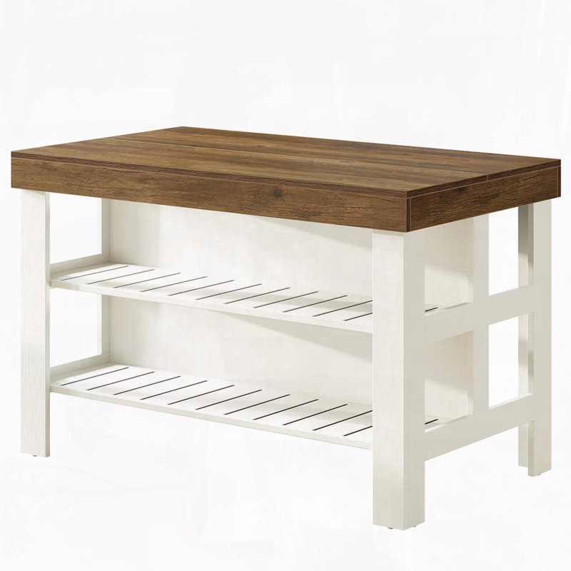55.1" Kitchen Island – Counter Height, Open Shelves, Seats 2