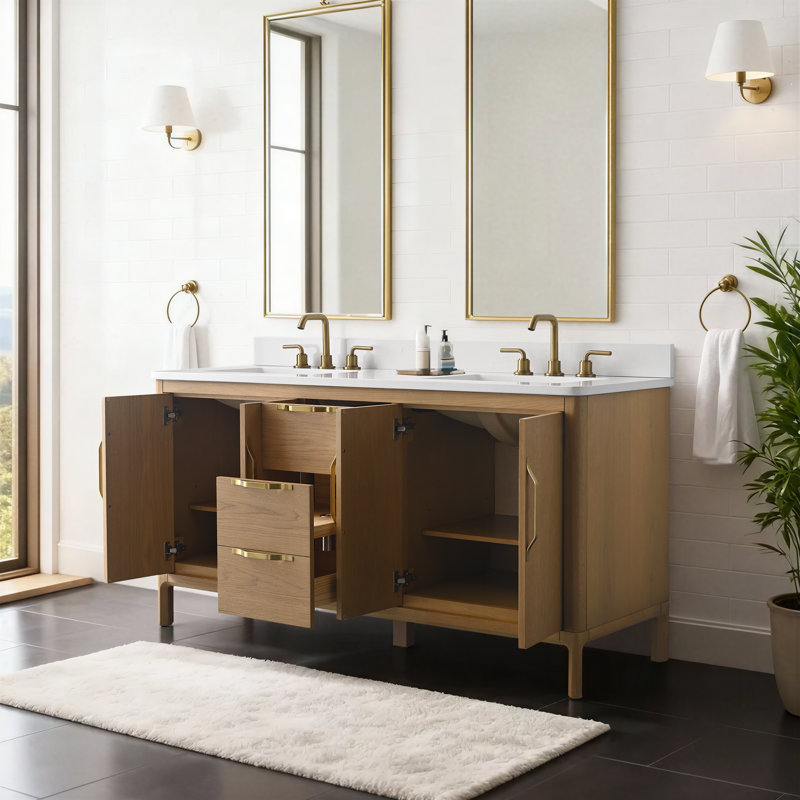 60" Double Bathroom Vanity with Carrara Engineered Stone Top, Ceramic Sink and UL-listed Power Outlet