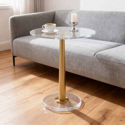 Modern Acrylic Side Table With Cone Metal Base, Clear Glass Look End Table For Living Room, Bedroom, Or Office Decor