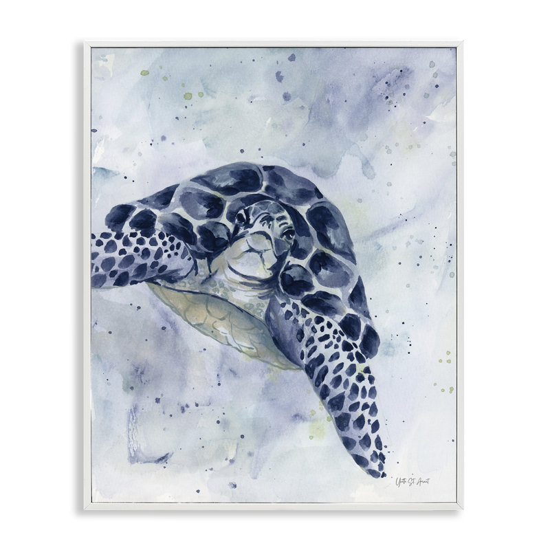 White Framed Blue Turtle Canvas Print, 11" x 14"