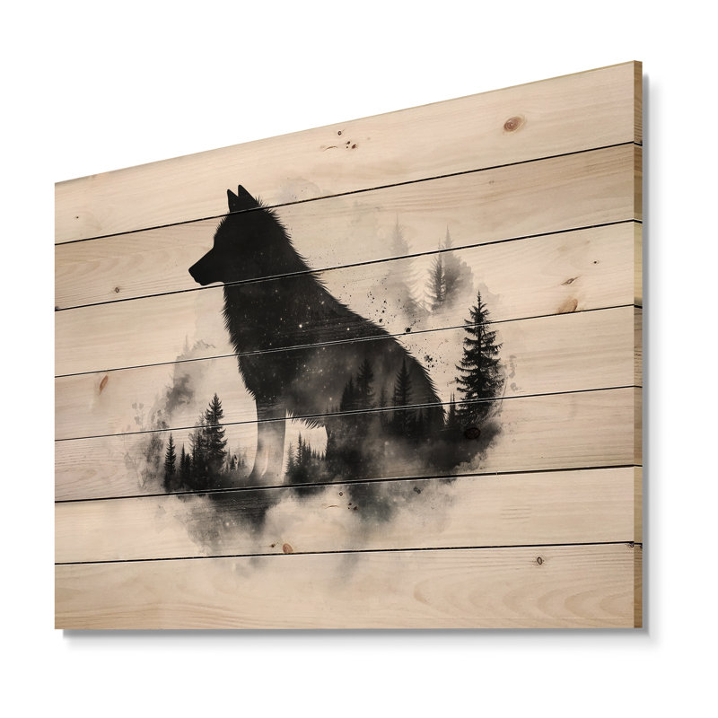 Silhouette de loup noir et blanc en forêt - décoration murale moderne en bois sur bois de pin naturel, H 34 po x l 44 po