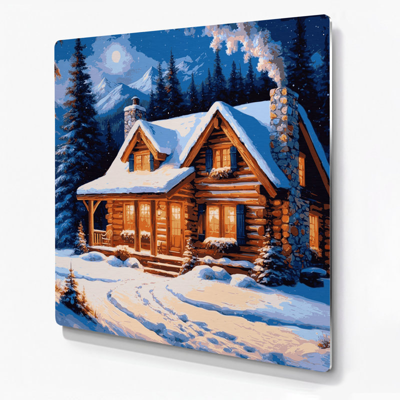 Art mural en métal «Christmas Mountain Cabins» mauve