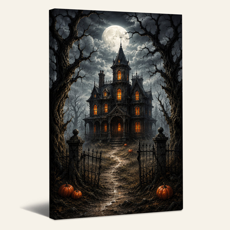 Art mural sur toile Spooky Gothic House Under Full Moon And Pumpkins, H 24 po x l 16 po