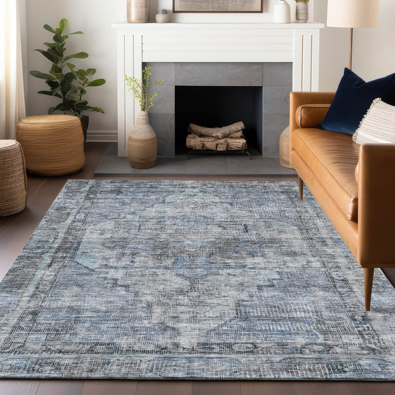 Machine Washable Indoor/Outdoor Xhevrie Blue Rug, Rectangle 2'6" x 3'10"