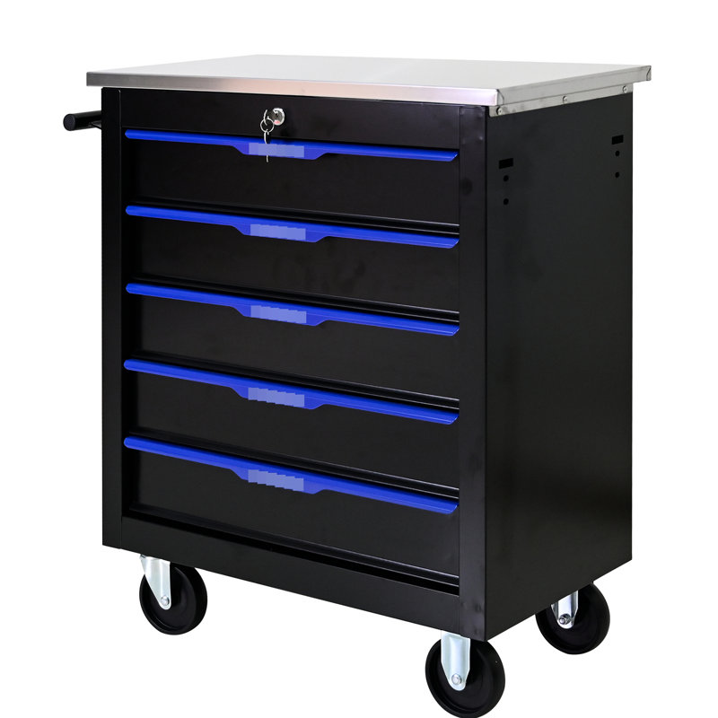 Chariot d'atelier sur roulettes à 5 tiroirs - noir, bleu, robuste et une poignée latérale pour faciliter le déplacement, armoire de rangement verrouillable polyvalente + construction, 4 po