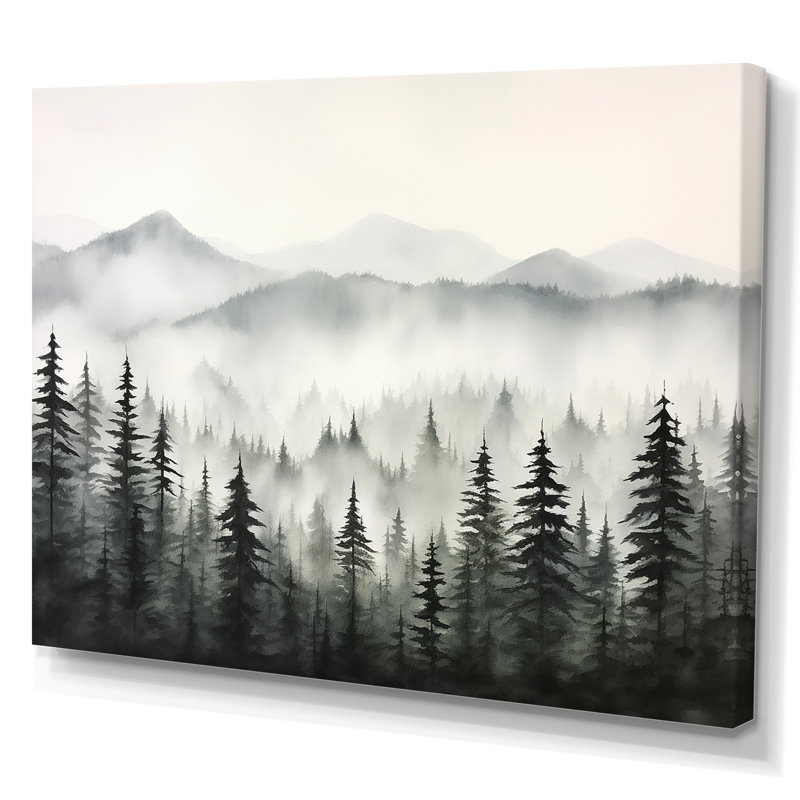«Gray Misty Morning Forest Horizon I», art mural grand forêt, Toile tendue, H 34 po x l 44 po x P 1,5 po