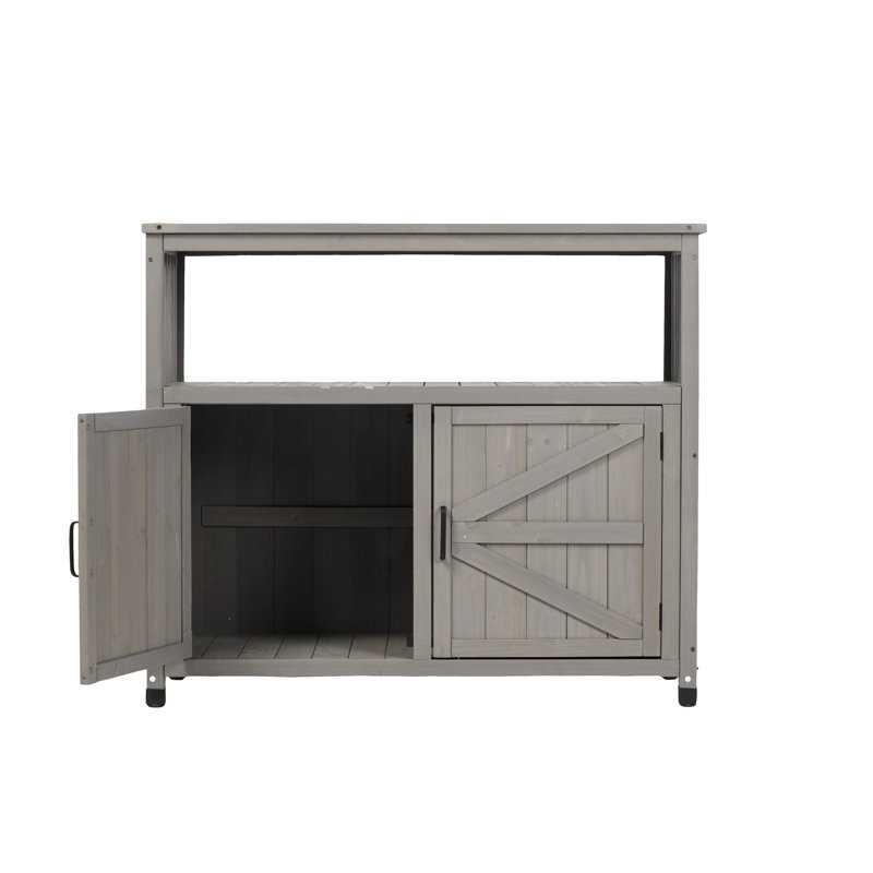 Armoire de patio en bois de sapin massif avec table de bar intérieure grise, conception à lattes élégante pour un look élégant, rangement pour grands outils, buffet, outils de rangement spacieux, multi -