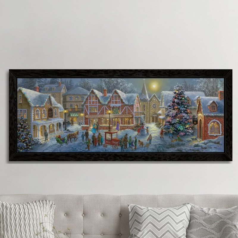 Christmas Village 1 Piece Panoramic Painting on Canvas, 152.4 cm H x 50.8 cm W, Black Framed