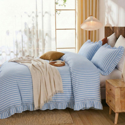 Blue and White Striped Duvet Cover Set King – 100% Cotton, Ruffle Trim Bedding Set, Soft Lightweight Breathable, Ribbon Stripe, 3 Pieces Set