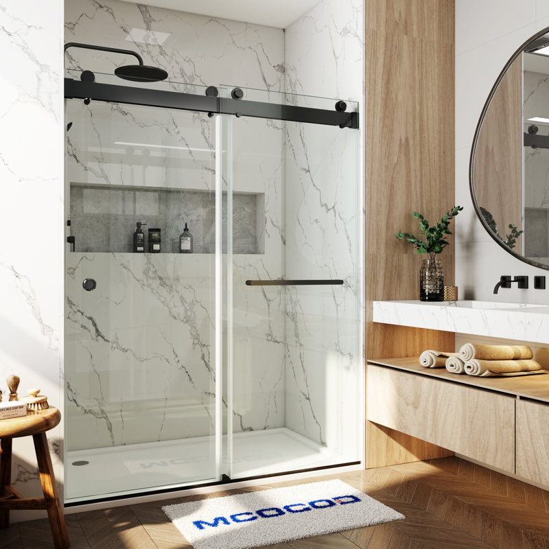 Porte de douche à double fermeture coulissante sans cadre avec verre transparent de 3/8 po (10 mm) Opal Mirage MCOCOD l 56-60,75 po x H 76 po
