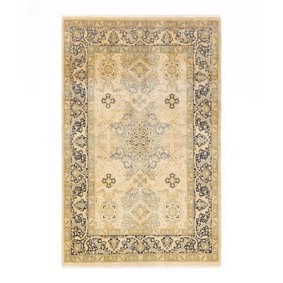 Tapis unique en laine noué à la main 6 pi 1 po x 9 pi 7 po nouvel âge Hayner en ivoire / jaune / bleu marine