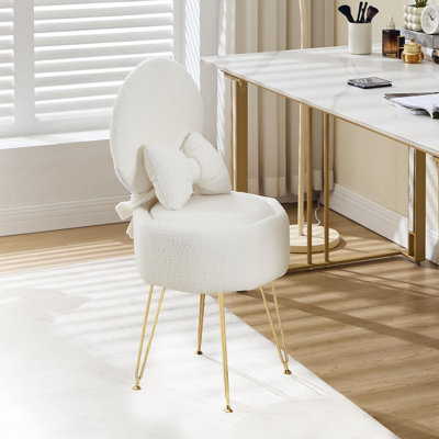 Tabouret de coiffeuse avec coussin et dossier pliable, fauteuil de coiffeuse en molleton Sherpa avec espace de rangement et pieds en métal
