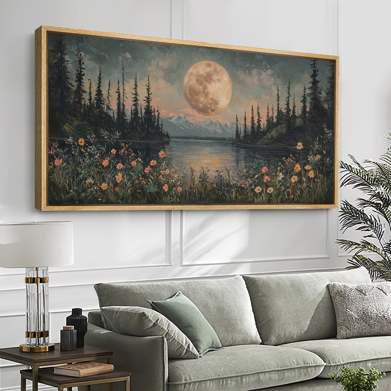 «Full Moon Night Serene Landscape», impression sur toile encadrée, H 30 po x l 60 po, Naturel
