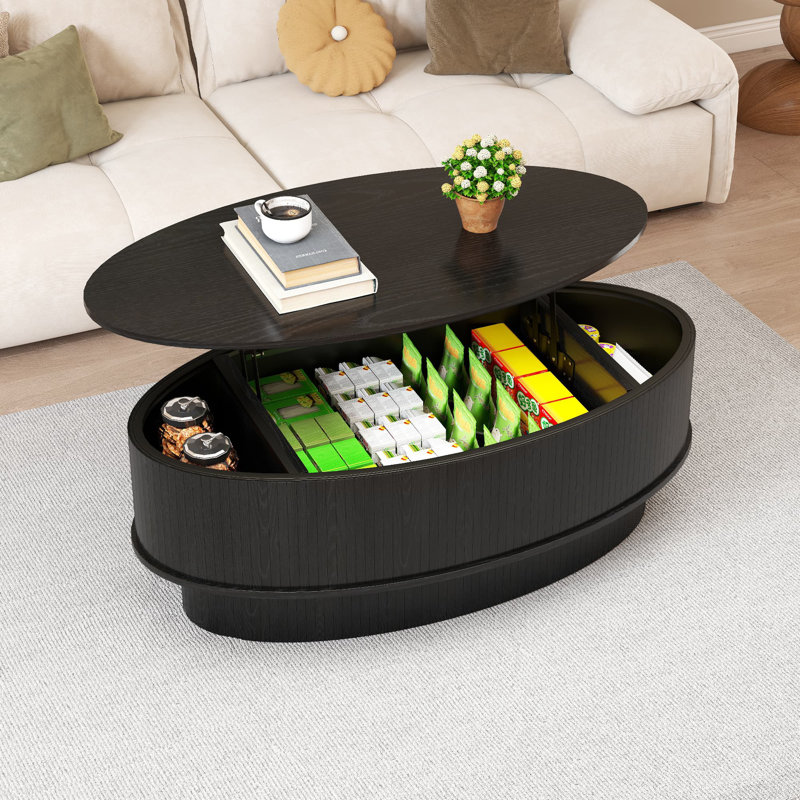 41 Inch Oval Lift Top Coffee Table With Storage, Small Center Table With Lifting Top For Living Room, Black