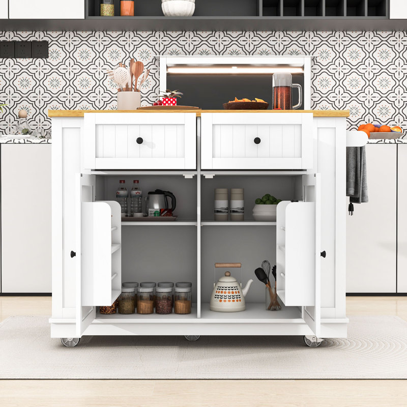 Rolling Kitchen Island Cart with Drop Leaf, Power Outlet, 2 Drawers, Adjustable Shelves and Spice Rack, White