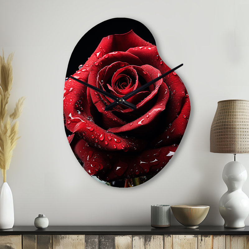 Rouge, noir, rose, Elegance I - Rose, forme unique, horloge murale en métal, impression traditionnelle asymétrique, Grand
