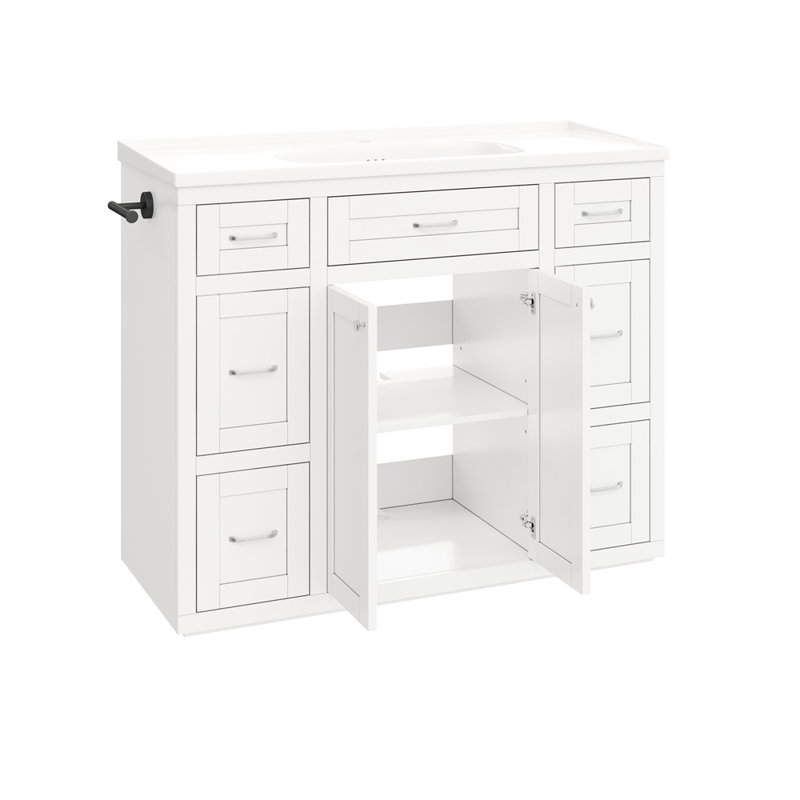 Meuble-lavabo blanc 48 po avec lavabo en céramique - 6 tiroirs (3 de chaque côté), tiroir central rabattable, portes doubles à fermeture en douceur, porte-serviettes latéral réversible, poignées argentées, panneau de fibres à densité moyenne