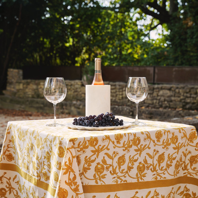 Granada Cornflower Blue Handmade Floral Tablecloth, Mustard/White, 90" Square