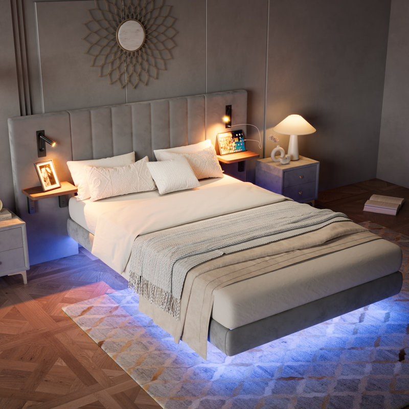 4ft6 Upholstered Bed With 2 Bedside Lamps,charging Socket, Double (4'6), Grey