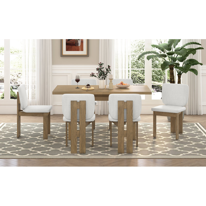 Ensemble de salle à manger rétro 7 pièces, table en bois de 60 po avec 6 chaises rembourrées, base en tréteaux, bois naturel