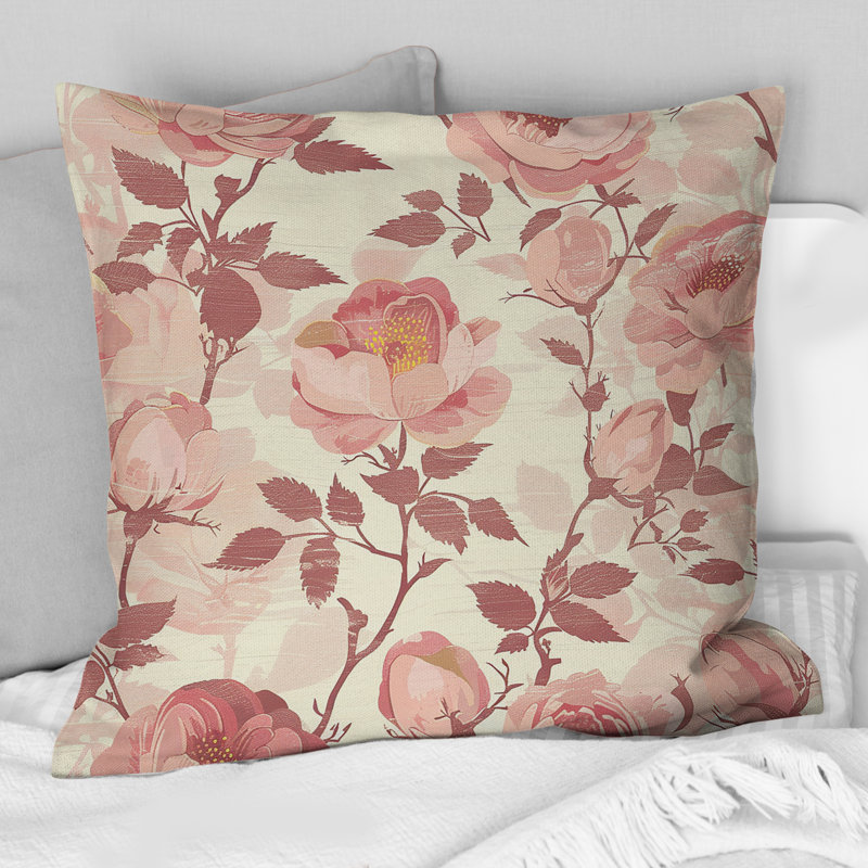 Coussin décoratif moderne beige et rose avec motif floral moderne, H 18 po x l 18 po