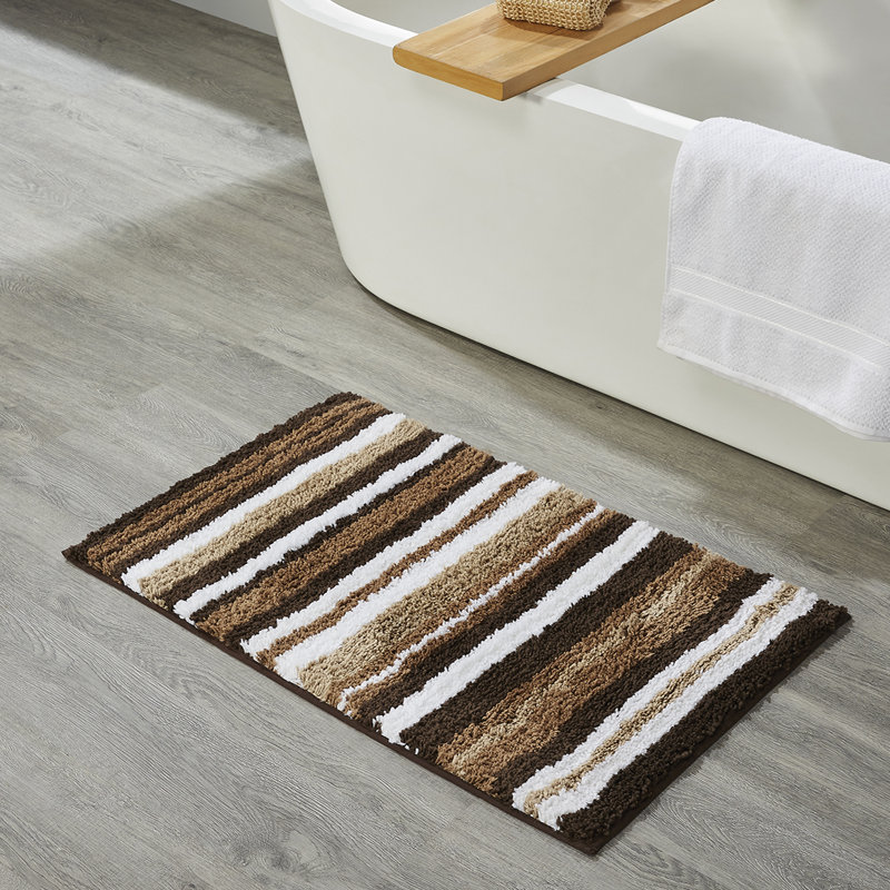 Griffie 100% Polyester Bath Rug Stripe Pattern with TPR Backing Machine Washable Soft & Absorbent Bathroom Rug, Brown