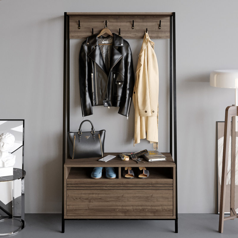 Cesarea Hall Tree with Bench and Shoe Storage, Walnut/Black