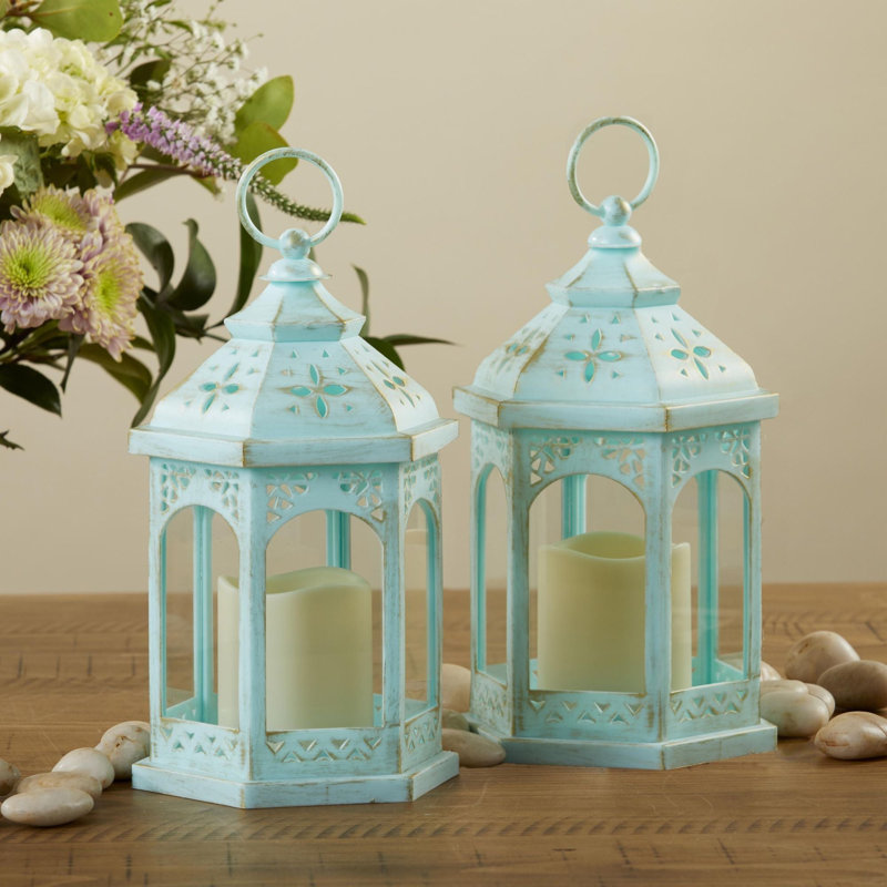Washed Hexagon LED Lantern (Set of 2), Bleu