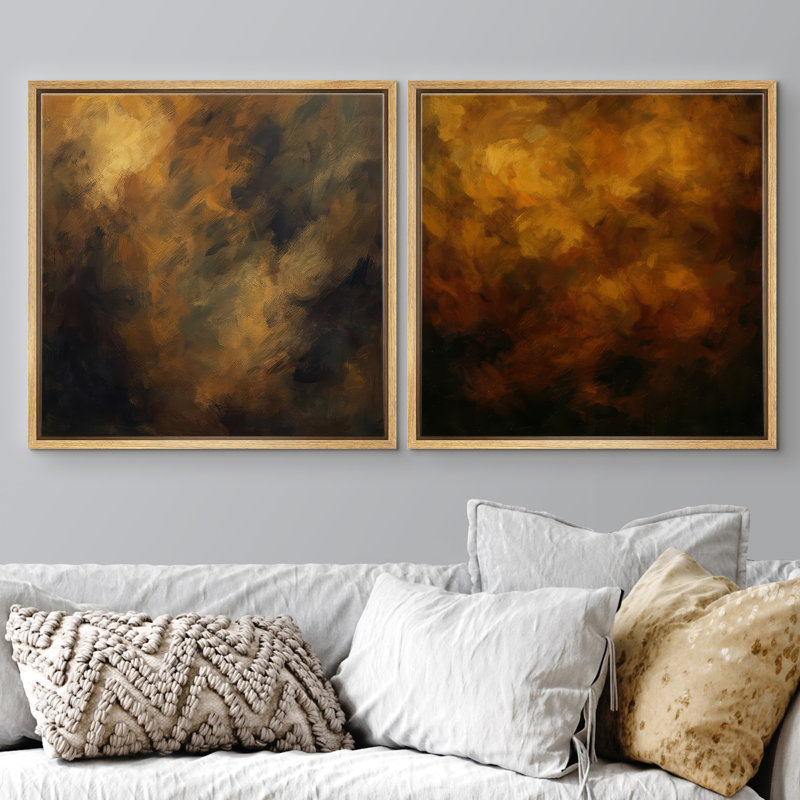 «Warm Golden Abstract Color Flow», ensemble de 2 reproductions d'art encadrées, Cadre flottant naturel, H 16 po x l 16 po