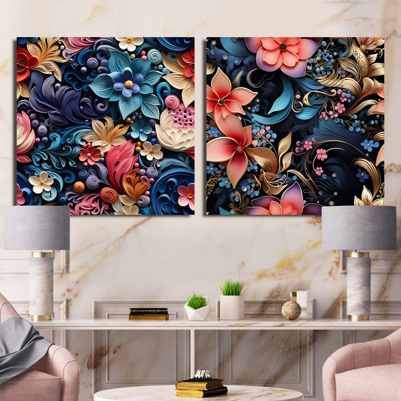 Sprimont - Ensemble de 2 collages floraux et botaniques carrés, H 30 po x l 61 po, Toile tendue
