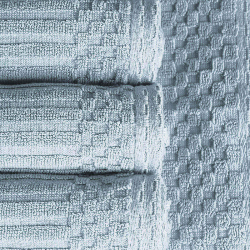 Ruvins Cotton Highly Absorbent 8-Piece Solid and Checkered Border Towel Set, Slate Blue