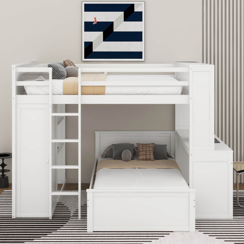 Lit mezzanine double avec lit autonome, armoire, bureau et tablettes, Blanc