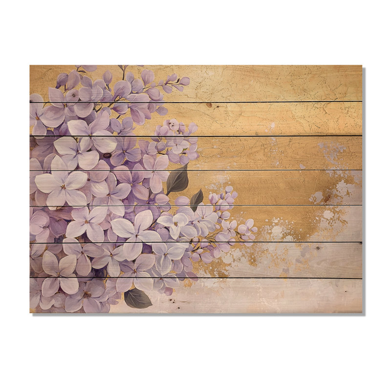 Lilas printemps harmonie dorée III - Art mural traditionnel en bois sur bois de pin naturel, H 10 po x l 20 po