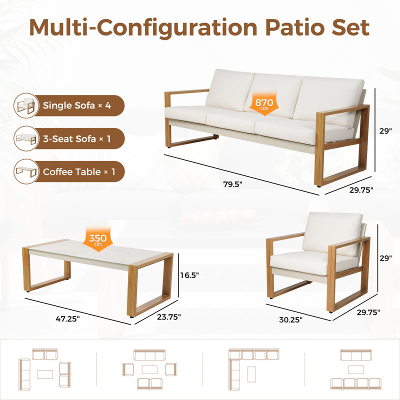 Ensemble de conversation d'extérieur en aluminium pour 7 personnes Arunas avec finition grain de bois et coussin résistant aux intempéries