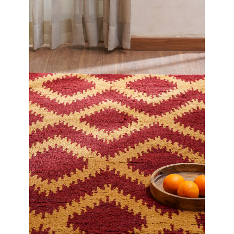 Red Gold 8' x 10' Wool Handmade Geometric Hand Knotted Rectangle Indoor Area Rug, Rectangle 8' x 10'