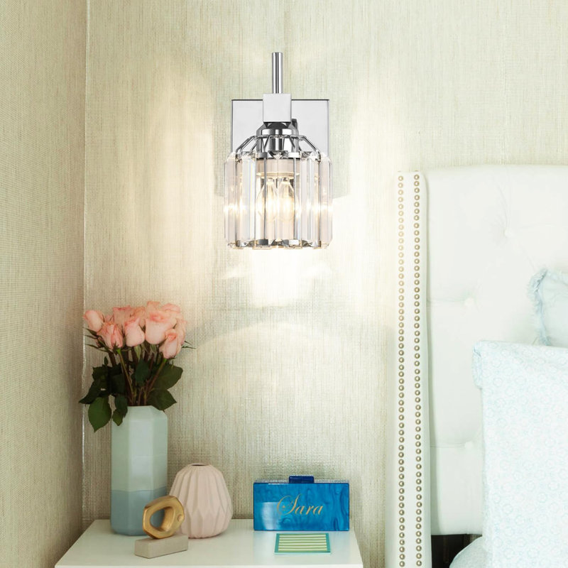 Crystal Vanity Light Fixture - 1 Light Wall Sconce For Bathroom Over Mirror With Clear Crystal Shade - Hardwired Installation - Compatible With LED CFL Incandescent Halogen Bulbs - Durable Aluminum Construction